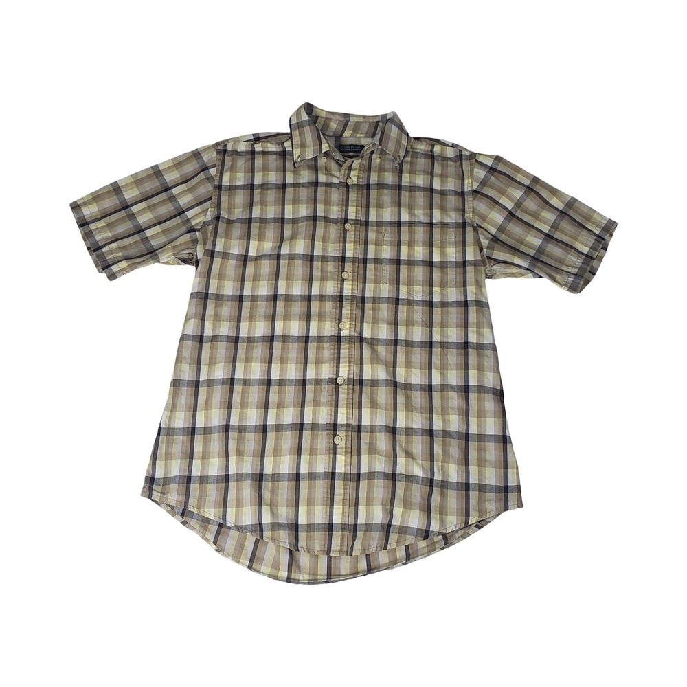 Faded Glory Mens Plaid Short Sleeve Button Down Shirt Tan Brown Yellow Size M